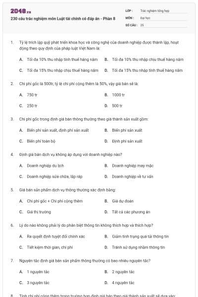 230 câu trắc nghiệm môn Luật tài chính có đáp án - Phần 8