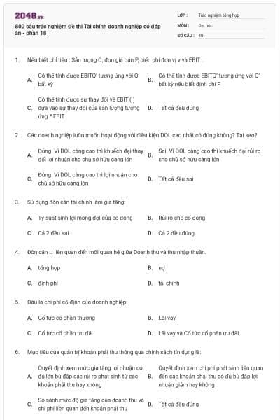 800 câu trắc nghiệm Đề thi Tài chính doanh nghiệp có đáp án - phần 18