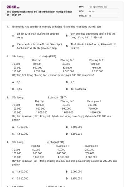 800 câu trắc nghiệm Đề thi Tài chính doanh nghiệp có đáp án - phần 19