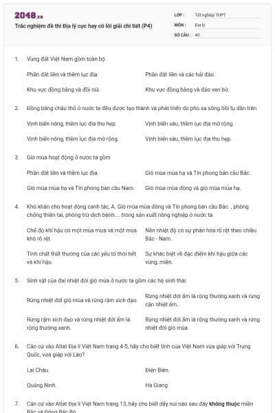 Trắc nghiệm đề thi Địa lý cực hay có lời giải chi tiết (P4)
