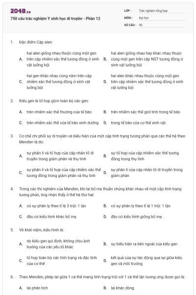 750 câu trắc nghiệm Y sinh học di truyền - Phần 12