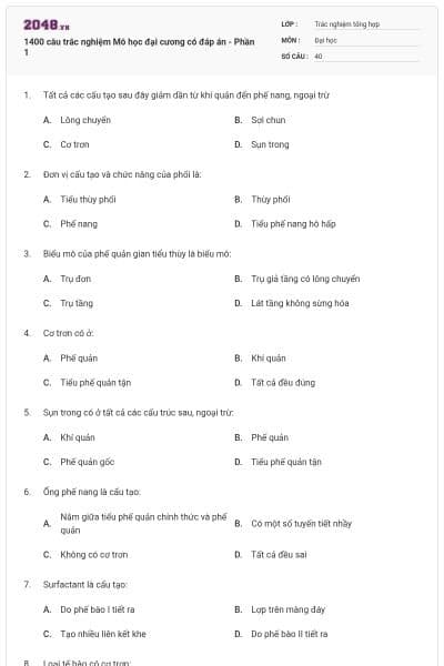 1400 câu trắc nghiệm Mô học đại cương có đáp án - Phần 1