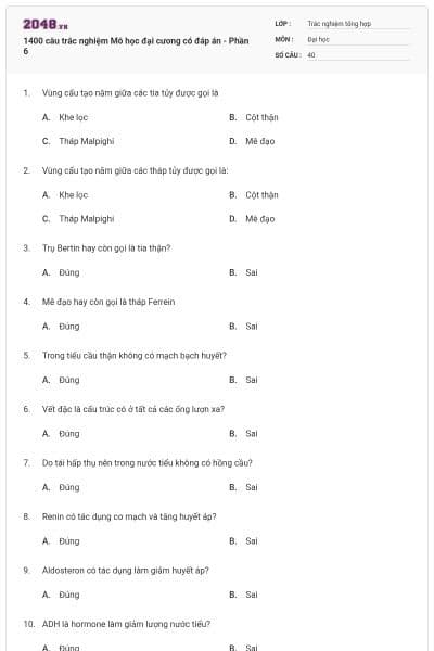 1400 câu trắc nghiệm Mô học đại cương có đáp án - Phần 6