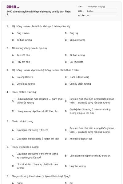 1400 câu trắc nghiệm Mô học đại cương có đáp án - Phần 8