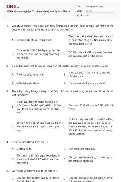 1550+ câu trắc nghiệm Tài chính tiền tệ có đáp án - Phần 4