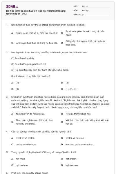 Bộ 2 Đề kiểm tra giữa học kì 1 Hóa học 10 Chân trời sáng tạo có đáp án- Đề 2