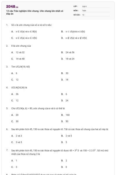 12 câu Trắc nghiệm Ước chung. Ước chung lớn nhất có đáp án