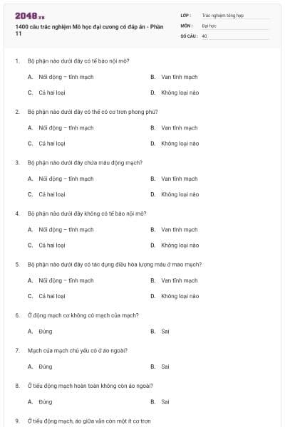 1400 câu trắc nghiệm Mô học đại cương có đáp án - Phần 11