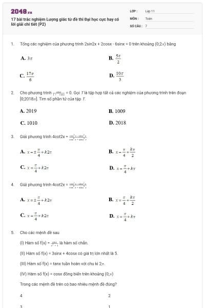 17 bài trắc nghiệm Lượng giác từ đề thi Đại học cực hay có lời giải chi tiết (P2)