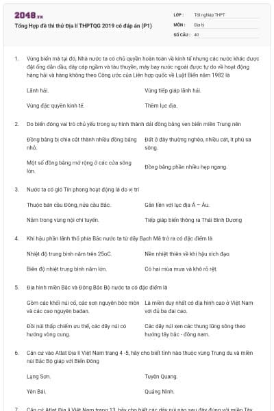 Tổng Hợp đề thi thử Địa lí THPTQG 2019 có đáp án (P1)
