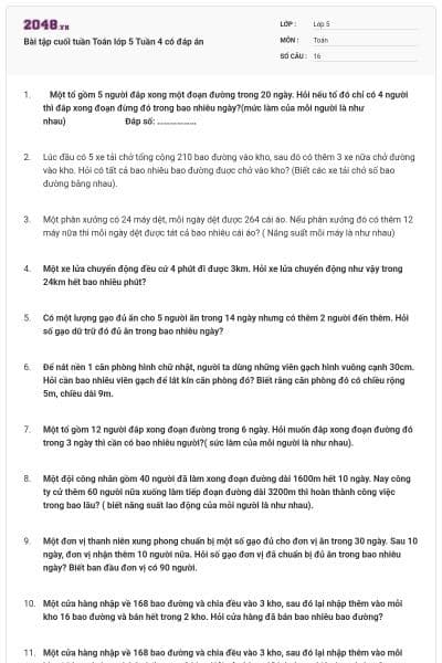 Bài tập cuối tuần Toán lớp 5 Tuần 4 có đáp án