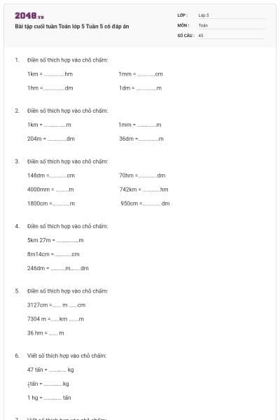 Bài tập cuối tuần Toán lớp 5 Tuần 5 có đáp án