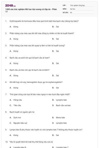 1400 câu trắc nghiệm Mô học đại cương có đáp án - Phần 17