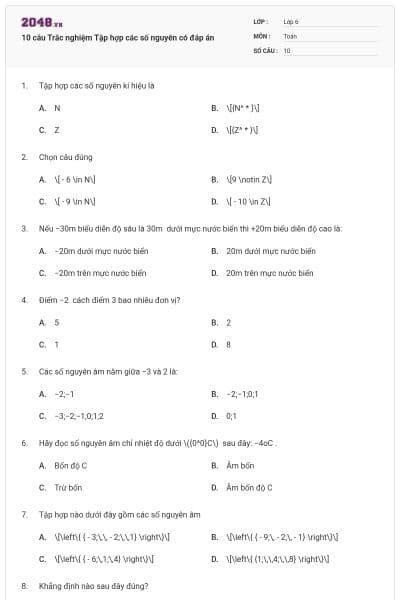 10 câu Trắc nghiệm Tập hợp các số nguyên có đáp án