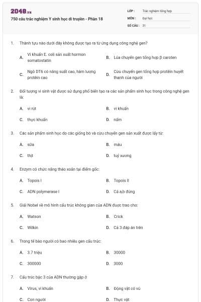 750 câu trắc nghiệm Y sinh học di truyền - Phần 18