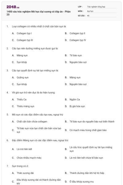 1400 câu trắc nghiệm Mô học đại cương có đáp án - Phần 20