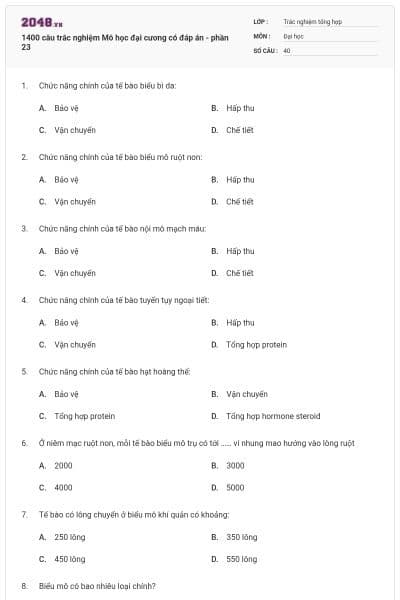 1400 câu trắc nghiệm Mô học đại cương có đáp án - phần 23