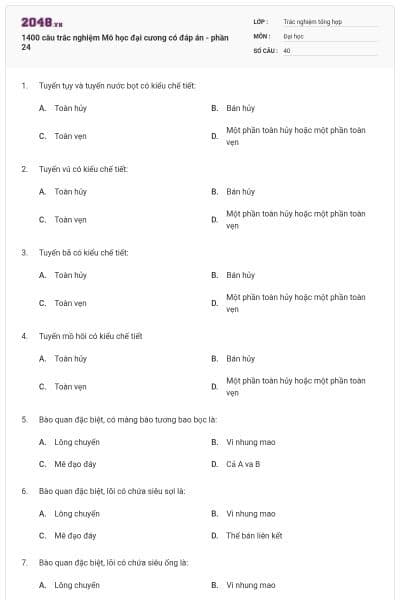1400 câu trắc nghiệm Mô học đại cương có đáp án - phần 24