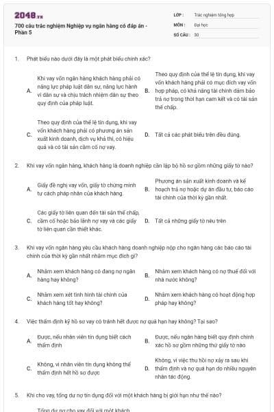 700 câu trắc nghiệm Nghiệp vụ ngân hàng có đáp án - Phần 5