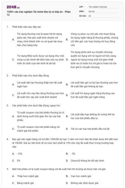 1550+ câu trắc nghiệm Tài chính tiền tệ có đáp án - Phần 12