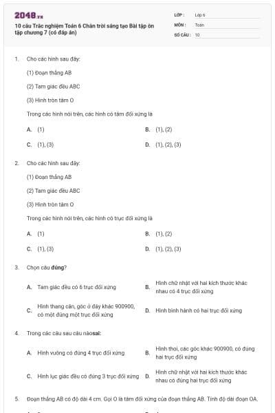 10 câu Trắc nghiệm Toán 6 Chân trời sáng tạo Bài tập ôn tập chương 7 (có đáp án)