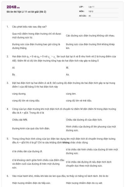Đề ôn thi Vật Lí 11 có lời giải (Đề 2)