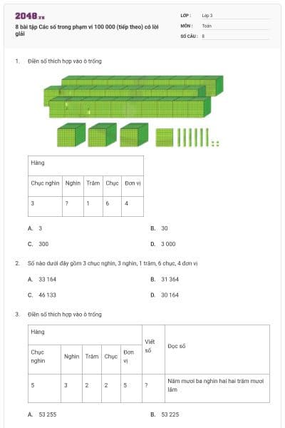 8 bài tập Các số trong phạm vi 100 000 (tiếp theo) có lời giải