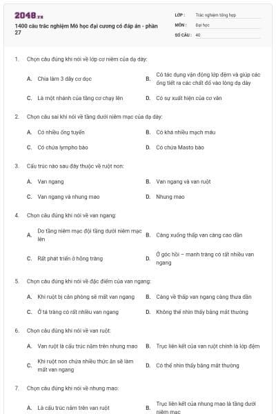 1400 câu trắc nghiệm Mô học đại cương có đáp án - phần 27