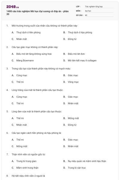 1400 câu trắc nghiệm Mô học đại cương có đáp án - phần 30