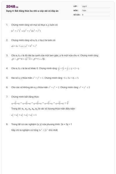 Dạng 4: Bất đẳng thức bu-nhi-a-cốp-xki có đáp án