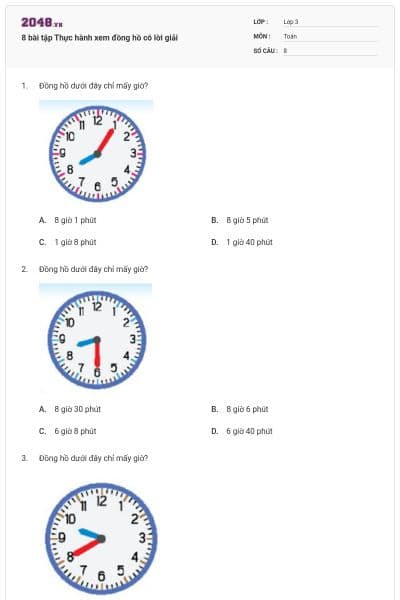 8 bài tập Thực hành xem đồng hồ có lời giải