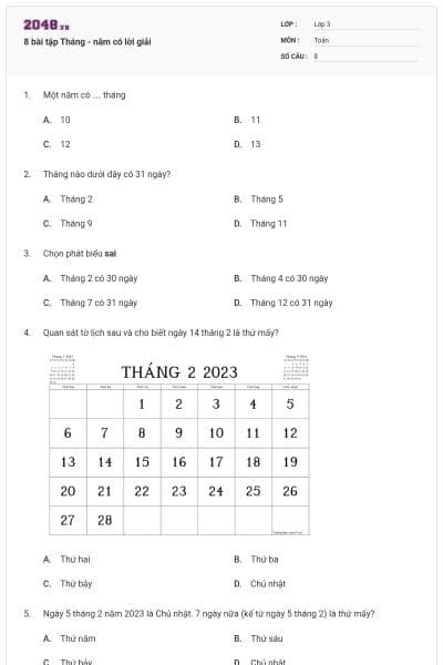 8 bài tập Tháng - năm có lời giải