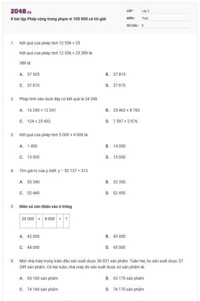 8 bài tập Phép cộng trong phạm vi 100 000 có lời giải