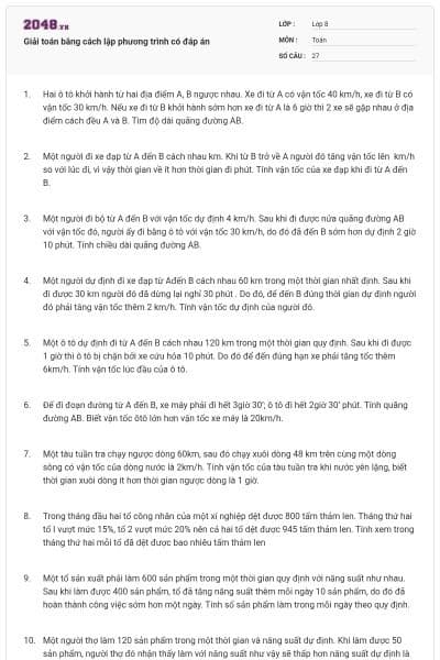 Giải toán bằng cách lập phương trình có đáp án
