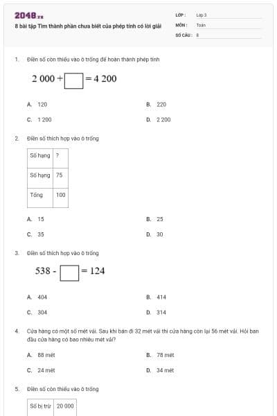 8 bài tập Tìm thành phần chưa biết của phép tính có lời giải