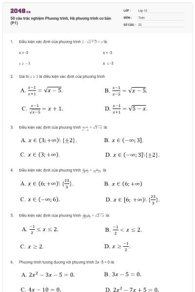50 câu trắc nghiệm Phương trình, Hệ phương trình cơ bản (P1)