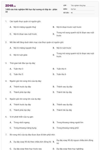 1400 câu trắc nghiệm Mô học đại cương có đáp án - phần 32