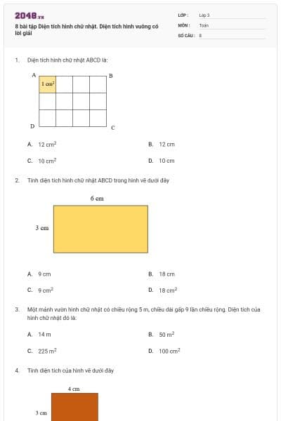 8 bài tập Diện tích hình chữ nhật. Diện tích hình vuông có lời giải