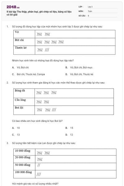8 bài tập Thu thập, phân loại, ghi chép số liệu, bảng số liệu có lời giải