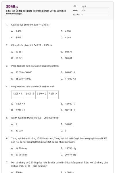 8 bài tập Ôn tập các phép tính trong phạm vi 100 000 (tiếp theo) có lời giải
