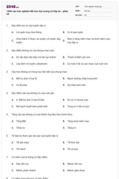 1400 câu trắc nghiệm Mô học đại cương có đáp án - phần 34