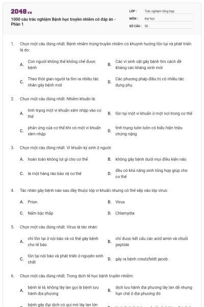 1000 câu trắc nghiệm Bệnh học truyền nhiễm có đáp án - Phần 1
