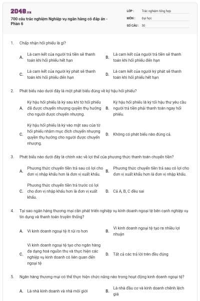 700 câu trắc nghiệm Nghiệp vụ ngân hàng có đáp án - Phần 6