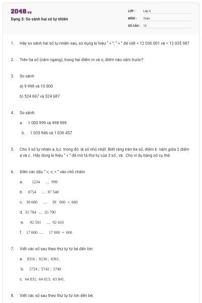 Dạng 3: So sánh hai số tự nhiên