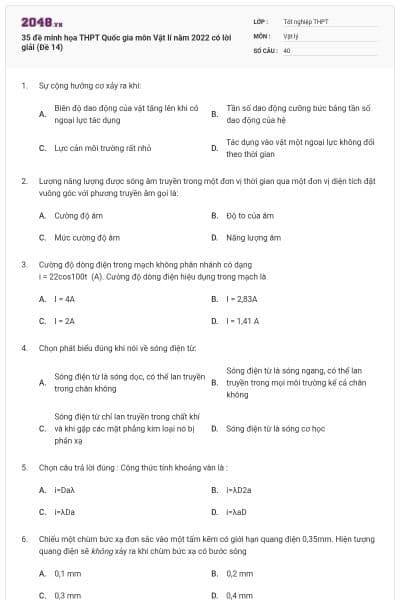35 đề minh họa THPT Quốc gia môn Vật lí năm 2022 có lời giải (Đề 14)