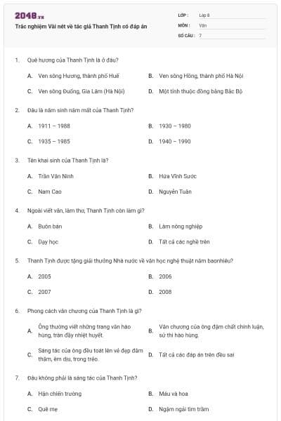 Trắc nghiệm Vài nét về tác giả Thanh Tịnh có đáp án