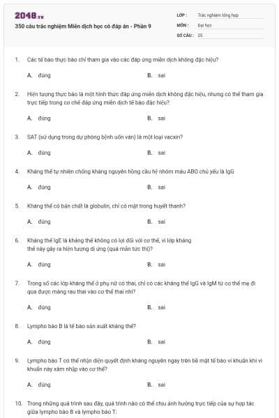 350 câu trắc nghiệm Miễn dịch học có đáp án - Phần 9