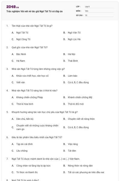 Trắc nghiệm Vài nét về tác giả Ngô Tất Tố có đáp án