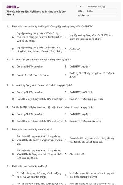 700 câu trắc nghiệm Nghiệp vụ ngân hàng có đáp án - Phần 9