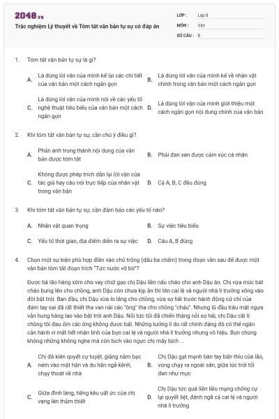 Trắc nghiệm Lý thuyết về Tóm tắt văn bản tự sự có đáp án
